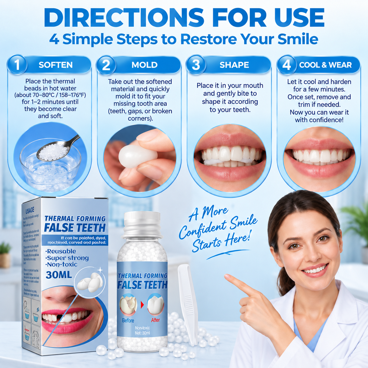 BBOJI® Moldable Thermal Forming False Teeth – Temporary Tooth Repair for Bone Loss & Tooth Shifting Support