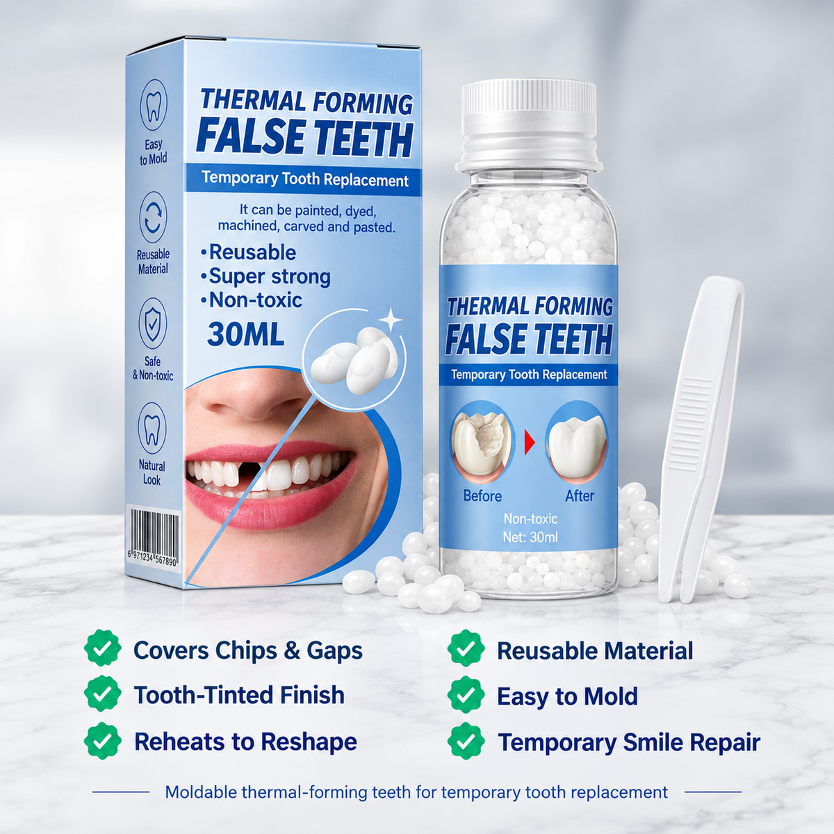 BBOJI® Moldable Thermal Forming False Teeth – Temporary Tooth Repair for Bone Loss & Tooth Shifting Support