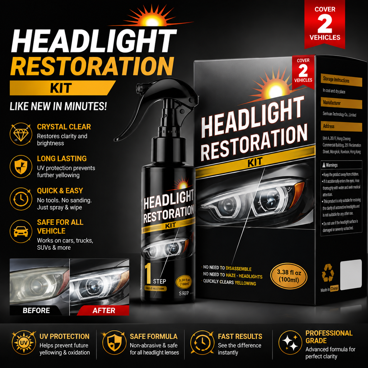 🚗【Headlight Crystal Restorer】— One swipe, and yellowed lenses become crystal clear. Old becomes new, and your headlights shine like brand new! ✨🔦